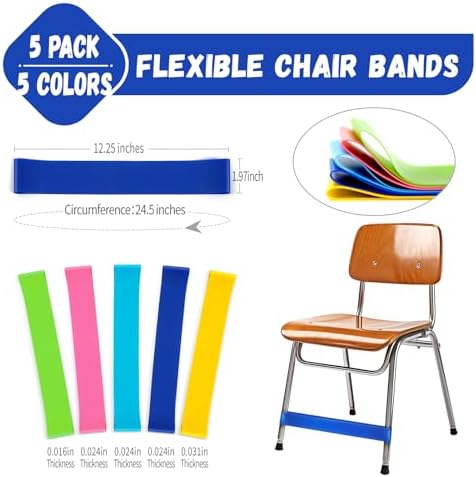 5 Pack Chair Bands for Kids with Fidgety Feet, ADHD Tools for Kids, Improve Focus & Reduce Restlessness, Chair Bands for Sensory ADHD ADD Autism - Classroom & Home Must Haves (Multicolor)