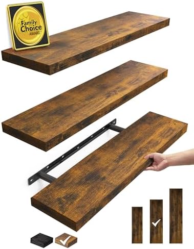 BAYKA Rustic Brown Floating Shelves 22.5in, 3 Pack, Wall Mount Wood Shelf