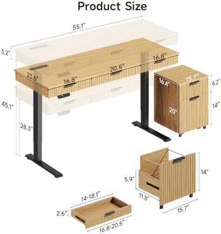 ONBRILL 55" Electric Standing Desk with File Cabinet, Height Adjustable,Oak