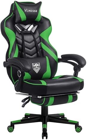 Vonesse Gaming Chair, Big and Tall Gaming Chair with Footrest and Massage, Gaming Chairs for Adults with Lumbar Support, Ergonomic High Back Computer Chair with Pocket Spring Cushion (Green/Black)
