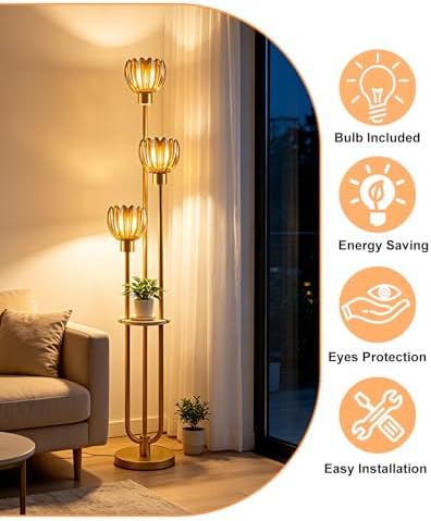Lightdot Lotus Glass Floor Lamp with Shelf Amber Flower Gold Floor Lamps