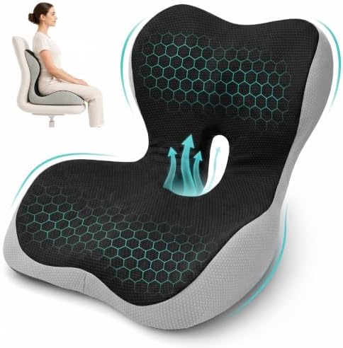 PEGZONE Seat Cushion & Ergonomic Lumbar Support Pillow Memory Foam Cushion for Office Chair, Car, Wheelchair – Orthopedic Pain Relief Cushion for Back, Sciatica, Tailbone, Butt - Black & Gray