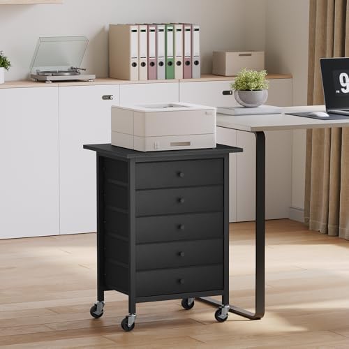 MAHANCRIS 5 Drawer File Cabinet,Rolling Filing Chest Cabinet with Wheels, Under Desk Storage Organizer, Printer Stand with Non-Woven Fabric Drawer, for Home Office, Study, Black FCBK4801