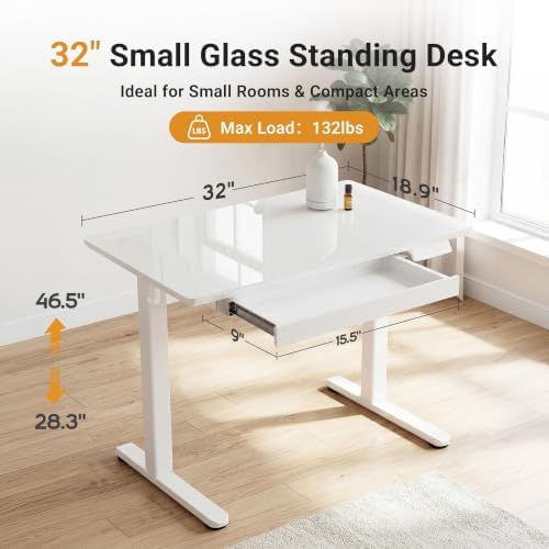 YDN Glass Standing Desk with Drawers 32x19 Inch White