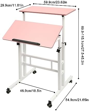 Small Standing Desk, Mobile Rolling Computer Desk, Portable Stand Up Desk with Wheels, Adjustable Height Sit Stand Home Office Desk, 23.6" L x 21.6" W (Pink)