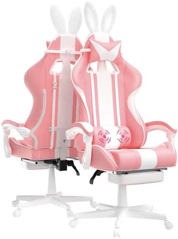 Ferghana Kawaii Pink Gaming Chair with Bunny Ears, Ergonomic Cute Gamer Chair with Footrest and Massage, Racing Reclining Leather Office Computer Game Chair 250lbs for Girls Adults Teens Kids