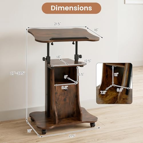 GIANTEX Mobile Podium Stand, Height Adjustable Laptop Computer Cart w/Tilting Top, Storage Cabinet & Lockable Wheels, Church Classroom Lecture, Sit-to-Stand Desk for Home Office (Rustic Brown,1)