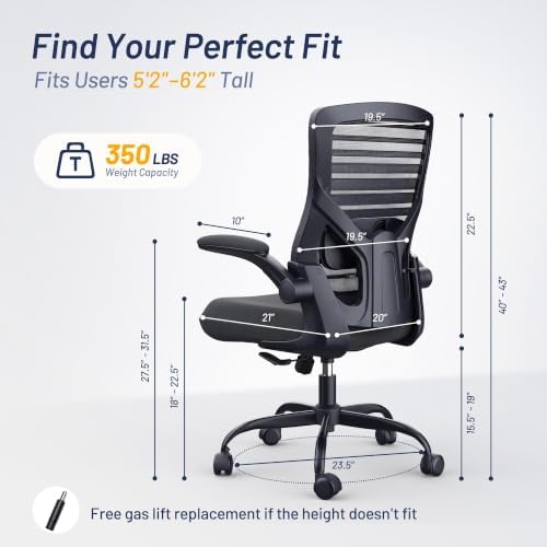 Office Desk Chair for Long Hours & Lower Back Pain Relief – 4“ Thick Molded Foam Cushion, Enhanced Lumbar Support, Padded Flip-up Armrests, Ideal for Office or Study, Black