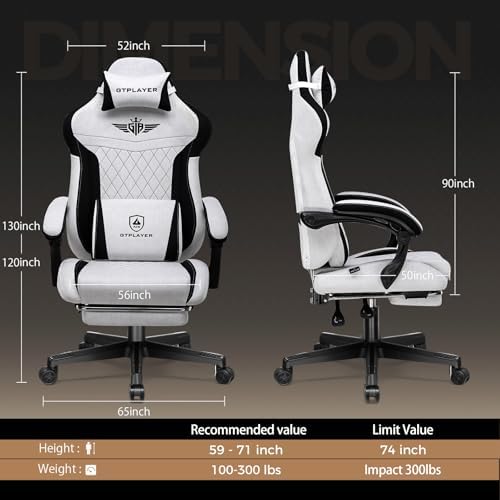 GTPLAYER Gaming Chair with Footrest, Big and Tall Game Chair High Back Computer Office Chair with Lumbar Support for Adults, Ergonomic Swivel Games Chair with Cushion Gaming, Fabric Grey