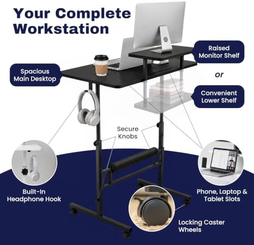 Small Rolling Desk with Wheels, Adjustable Height 27"-43.3" Portable Standing Desk, 31.5"x15.7" Tabletop, Mobile Laptop Computer Table for Home Office Workstation, Black
