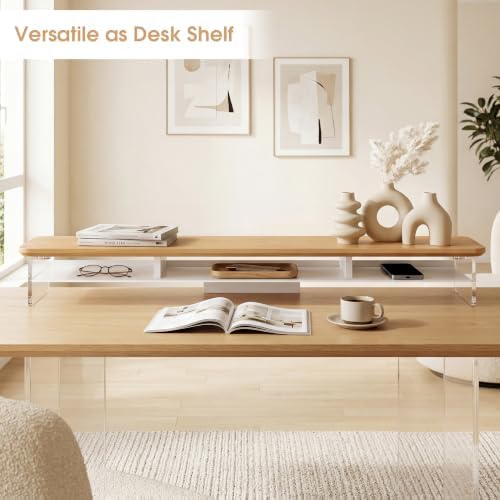 Fenge 42.5" Dual Monitor Stand with Clear Acrylic Legs, Dark Oak