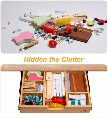 Under Desk Bamboo Drawer with U-Shaped Hollow Panel to Pull Out, 13'' Long & 9.5'' Deep Adjustable Space Storage Organizer for Sit Stand Workstation