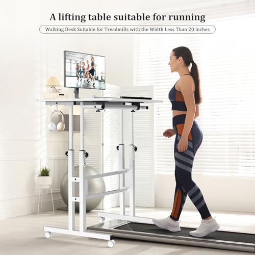 Enayplon Small Standing Desk with Wheels, Mobile Stand Up Desk, Portable Standing Table on Wheels for Walking Pad, Rolling Computer Desk Adjustable Height, Tall Table