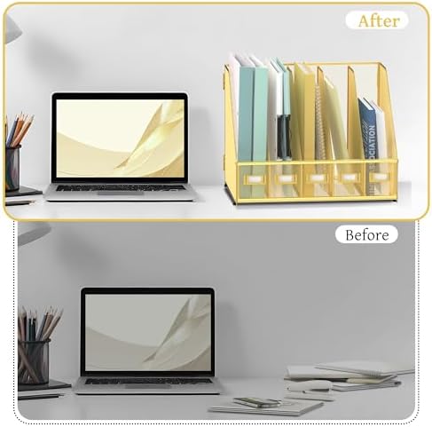 SUPEASY Desk Organizers Metal Desk Magazine File Holder with 5 Vertical Compartments Rack File Organizer for Office Desktop, Classroom, Home Workspace, Gold