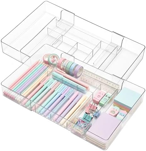 Briwooody 2 Pcs Expandable Drawer Organizer, Clear, 8 Compartments