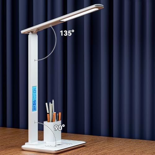IHAO 7in1 Multi Functional Desk Lamp with Wireless Charger Digital Clock Fast Charging for Phone Earbuds Time/Date/Temp Display Alarm Clock 3 Light Modes Detachable Pen Brush Pot-HYT1771 White