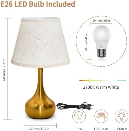 ONEWISH Touch Table Lamp for Bedroom, 3-Way Dimmable Gold Bedside Lamps for Nightstand with Fabric Shade,17.32'' Desk Lamp for Kids Reading, Home Office