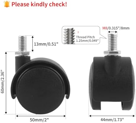 HOWDIA 4 Pack 2 Inch Swivel Caster Wheels for Cart, M8-1.25×13mm Threaded Stem Heavy Duty Casters, Nylon Wheels Replacement for Furniture, Table, Cabinet, Shelf（No Brake）