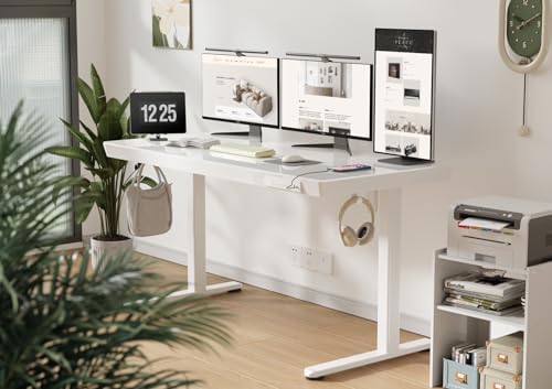 Claiks Glass Standing Desk with Drawers & USB Ports 55x24 Inch, White