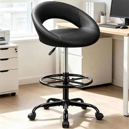 Ergonomic Drafting Chair for Standing Desk, PU Leather Black