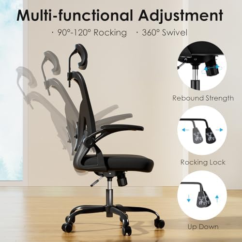 Farini Ergonomic Office Chair, Home Office Desk Chair with Headrest, High Back Swivel Computer Chair with Armrests and Adjustable Lumbar Support for Home Office Study Room, Black & Dark Black