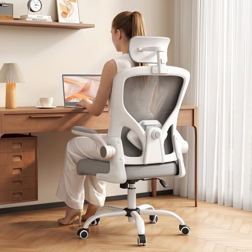 Office Chair, Ergonomic Desk Chair with Adjustable Lumbar Support, High Back Mesh Computer Chair and Headrest, Comfortable Gaming Chairs Rolling Swivel Task Chairs Flip-up Arms(Grey)