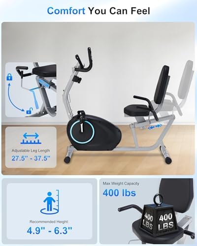 Recumbent Exercise Bike for Seniors - 400LB Weight Capacity Recumbent Bikes with Comfortable Seat, Pulse Sensor, 16-level Resistance, LCD Monitor