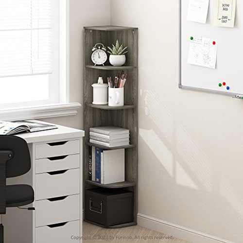 Furinno PASIR Book Shelf, 5-Tier Corner Bookshelf with Open Shelf, Standing Bookcase, 9.3 x 12 x 51.7, for Organization and Storage, for Living Room, Bedroom, Home Office, French Oak