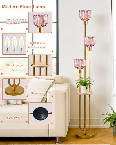 Lightdot Flower Glass Floor Lamp with Shelf Red Floral Gold Floor Lamps