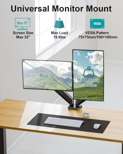 Dual Monitor Arm Desk Mount Fits Max 32 inch Screens, Holds 4.4 to 19.8lbs