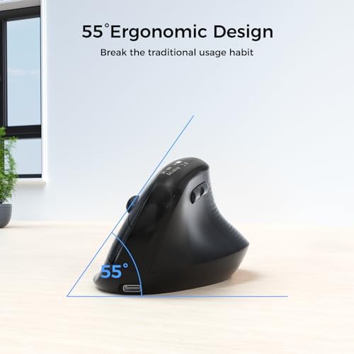 Wireless Ergonomic Mouse with Screen，Bluetooth Vertical Mouse Rechargeable, Quiet Clicks, USB Ergo Design Cordless Mice Compatible for Windows, PC, Laptop, Mac OS, Black
