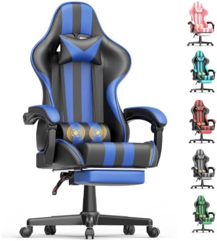Ferghana Navy Gaming Chair, Ergonomic Racing Style Computer Chair with Footrest, Adjustable Reclining, Lumbar and Head Support, PU Leather Gamer Chair