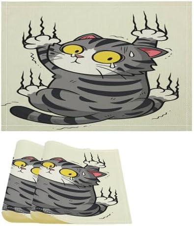 Cute Cat Stretching with Claws Out Linen Placemats Set of 2PCS, Heat Resistant Non-Slip Washable Table Placemats for Dining Everyday Use Hotel Banquet Home Decor