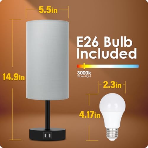 Yarra-Decor Bedside Lamps with USB Port - Touch Control Table Lamp for Bedroom 3 Way Dimmable Nightstand Lamp Set of 2 with Round Grey Fabric Shade for Living Room, Dorm, Home Office (Grey, 2 Pack)