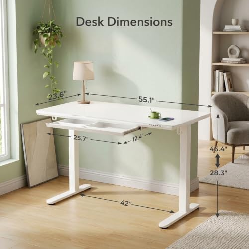 YDN Wireless Charging Glass Standing Desk with Drawer 55 Inches Super White