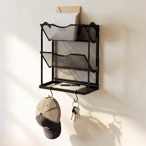 3-Tier Wall File Organizer for Office,Metal Folder Holder with 2 Hook,Black