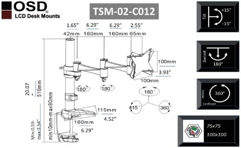 OSD Audio TSM-02-C012 Single Arm Extended Desk Mount for 13-inch to 23-inch Monitor