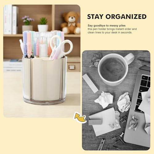 Comix 360° Rotating Pen Holder for Desk, Beige Pencil Holder with 5 Slots