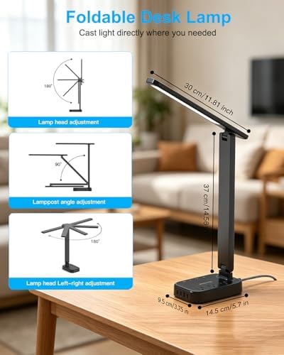 LED Desk Lamp Power Strip with 4 USB 3 Outlets, Dorm Room Essentials, Black