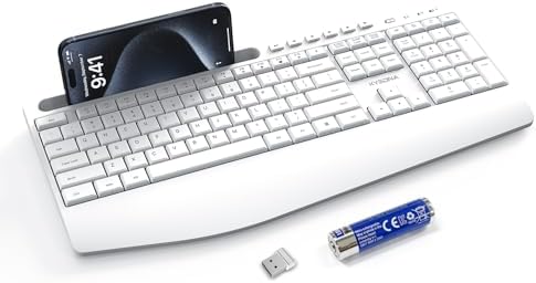 KYSONA 5th Gen Wireless Keyboard,2.4G Full-Sized Cordless Ergonomic Keyboard with Wrist Rest, Phone ipad Holder, Adjustable Angle, Compatible with Laptop/PC/Mac/Windows, White