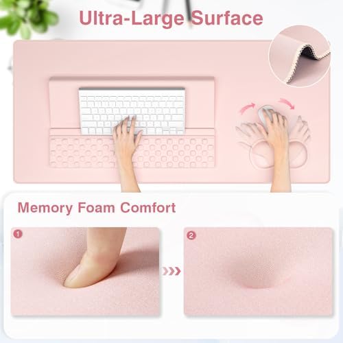 Ospelelf Keyboard Stand Wrist Rest Pad and Ergonomic Mouse Pad Set with Large Mousepad Desk Mat, Memory Foam Comfort, Premium Office Desk Accessories for Pain Relief and Efficiency, Pink