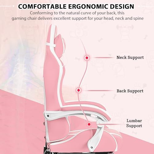 HOFFREE Gaming Chair with LED RGB Lights Massage Ergonomic Video Game Chairs with Footrest High Back Reclining Computer Chair with Adjustable Lumbar Support Pink and White