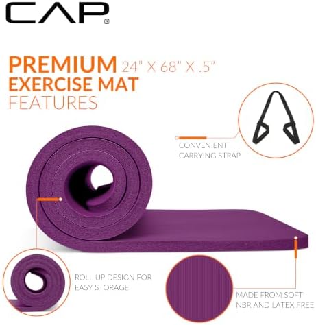 CAP Barbell 1/2-Inch High Density Exercise Yoga Mat with Strap | Multiple Options