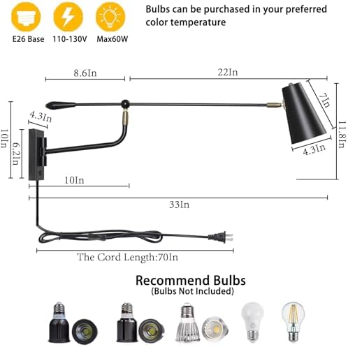 33" Large Black Rotatable Movable Long Pole Swing Arm Wall Sconce