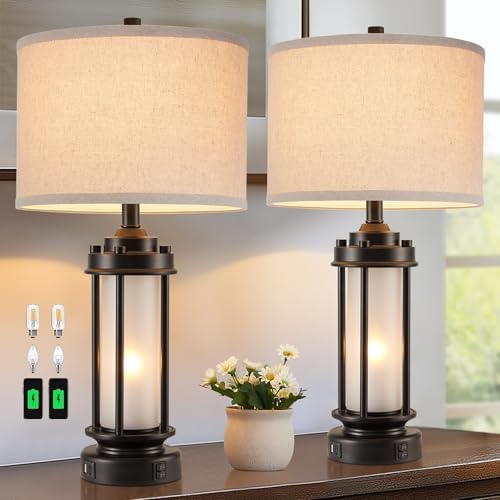 AIEAMPDO 25'' Set of 2 Modern Table Lamps for Bedroom with 2 USB C+A Ports