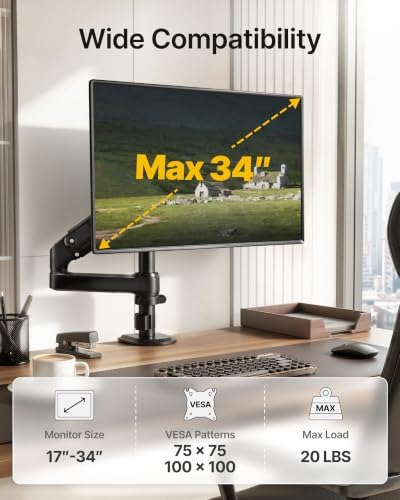 monTEK Tall Single Monitor Arm, 21"Max Height, 17–34"Full Motion Desk Mount
