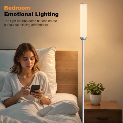 Ambimall LED Floor Lamp with Remote Control, Foot Switch, Silver