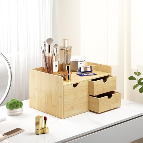 Bamboo Desk Organizer with Drawers, Desktop Storage for Office Supplies