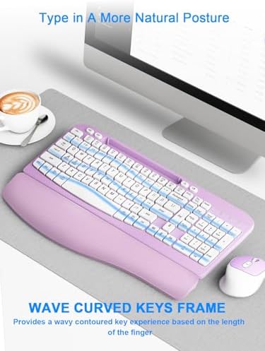 Hayyiesh Ergonomic Wave Keys Wireless Keyboard and Mouse Combo, Full Size with Memory Foam Wrist Rest & Phone Holder, 2.4G Cordless Set with USB-C Adapter for Windows Mac Desktop Laptop (Purple)