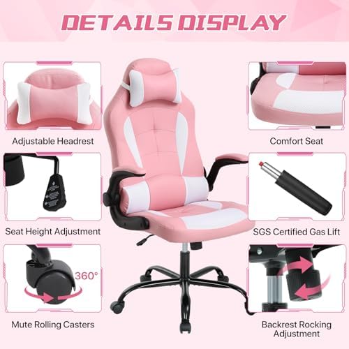 Pink Gaming Chair for Girls & Adults - Ergonomic High Back Office Desk Chair with Adjustable Lumbar Support, Flip-Up Arms & Headrest - PU Leather Swivel Computer Task Chair for Kids & Teens